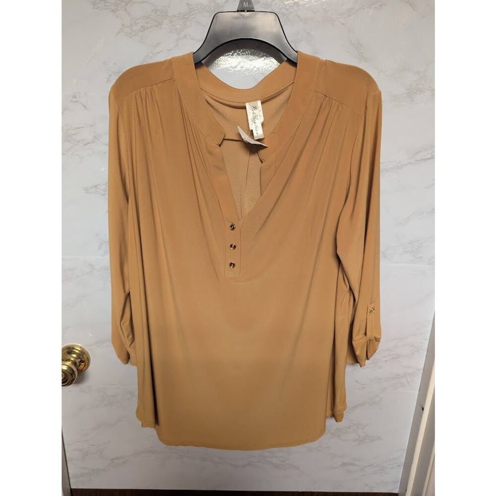 NEW PerSeption mustard yellow blouse 3/4 Sleeve buttons Career Size 2X